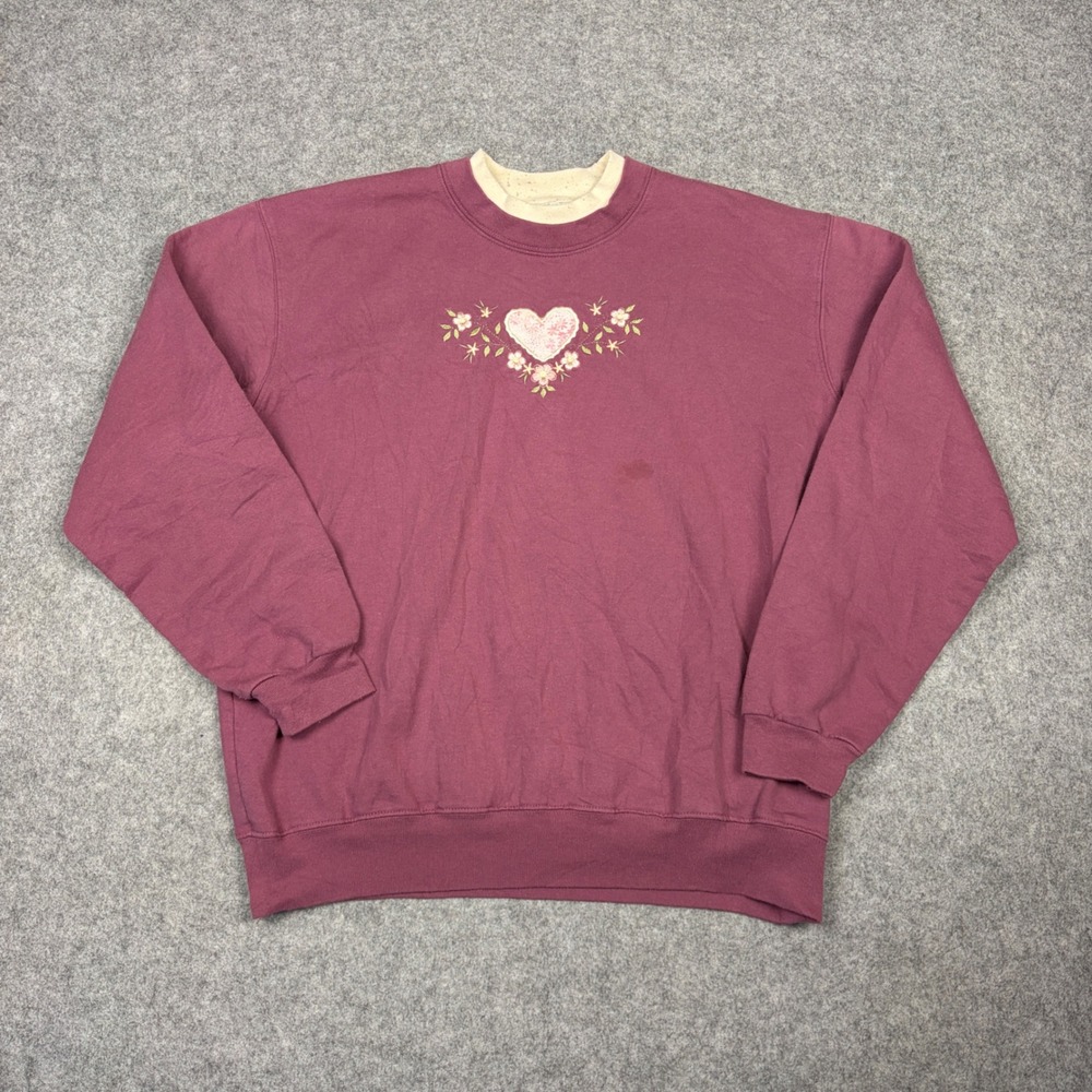 Country Store Vintage Burgundy Heart Floral Embroidered Sweatshirt Large